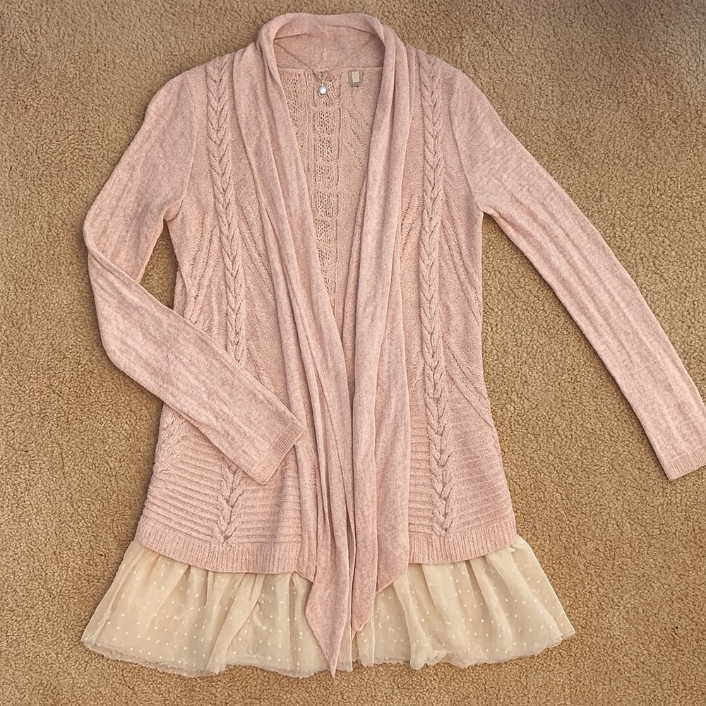 Anthropologie Beige Cardigan with Lace Trim